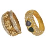 A Continental sapphire, emerald and pave diamond set fancy ring the 18ct. gold mount set with