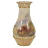 A Royal Worcester 'Highland Cattle' vase painted by Harry Stinton dated 1909 of tapering bulbous