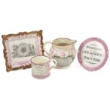 A selection of Sunderland pink lustreware, mid 19th century comprising of a jug 'Sailors' Farewell',