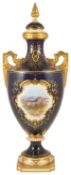 A Coalport twin handled pedestal vase with cover, painted by H Percy, 19th/early 20th century, the