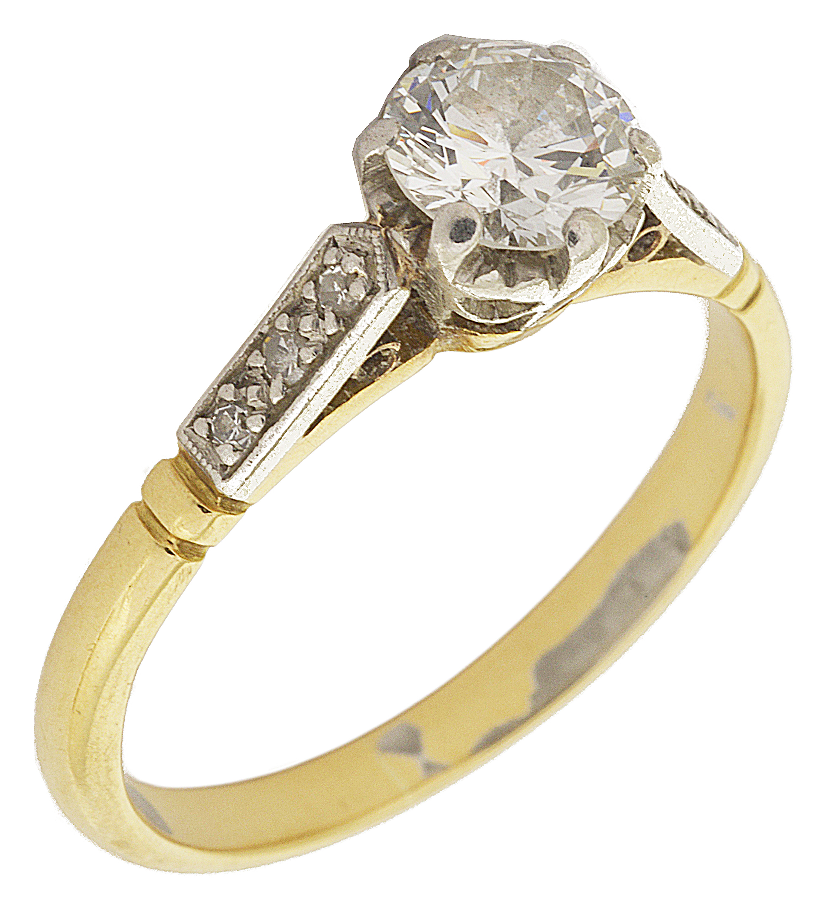 A single stone diamond set ring, the diamond approx. 0.45 ct. set between diamond point detailed