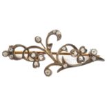 A delicate Edwardian rose diamond set floral scroll brooch formed as a softly curved single