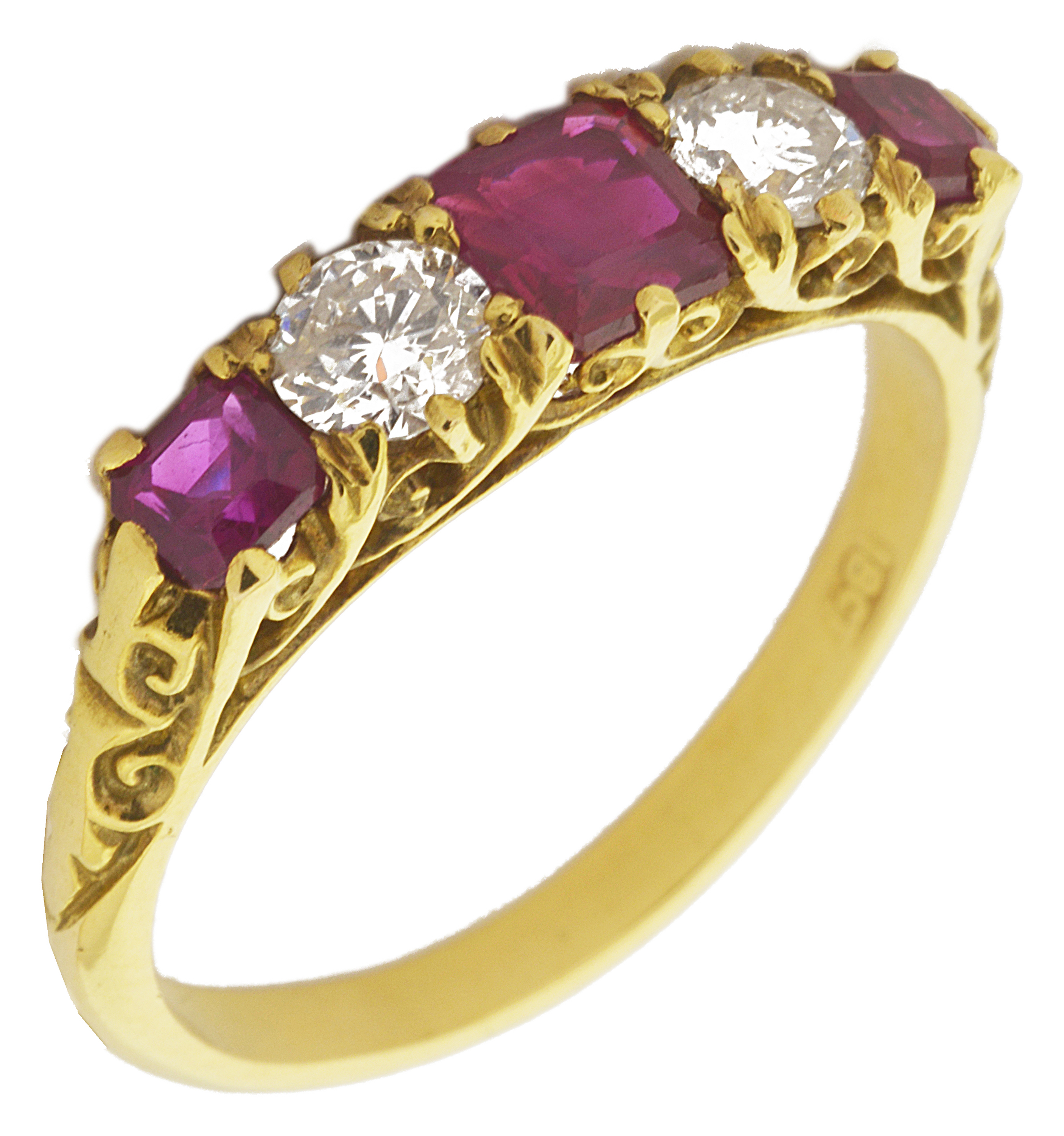 An 18ct gold mounted ruby and diamond five stone ring set with a central square cut ruby flanked
