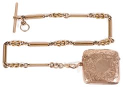 An Edwardian fancy link watch Albert chain with 9ct gold vesta fob the yellow metal chain, tests for