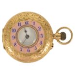 A Ladies 18ct gold half hunter pocket watch the outer leaf engraved case with pink enamel chapter