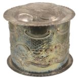 A large silver plate lidded cake tin, 20th century of cylindrical form embossed with swags of