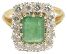 A large rectangular emerald and diamond set cluster cocktail ring, circa 1970the rectangular cut