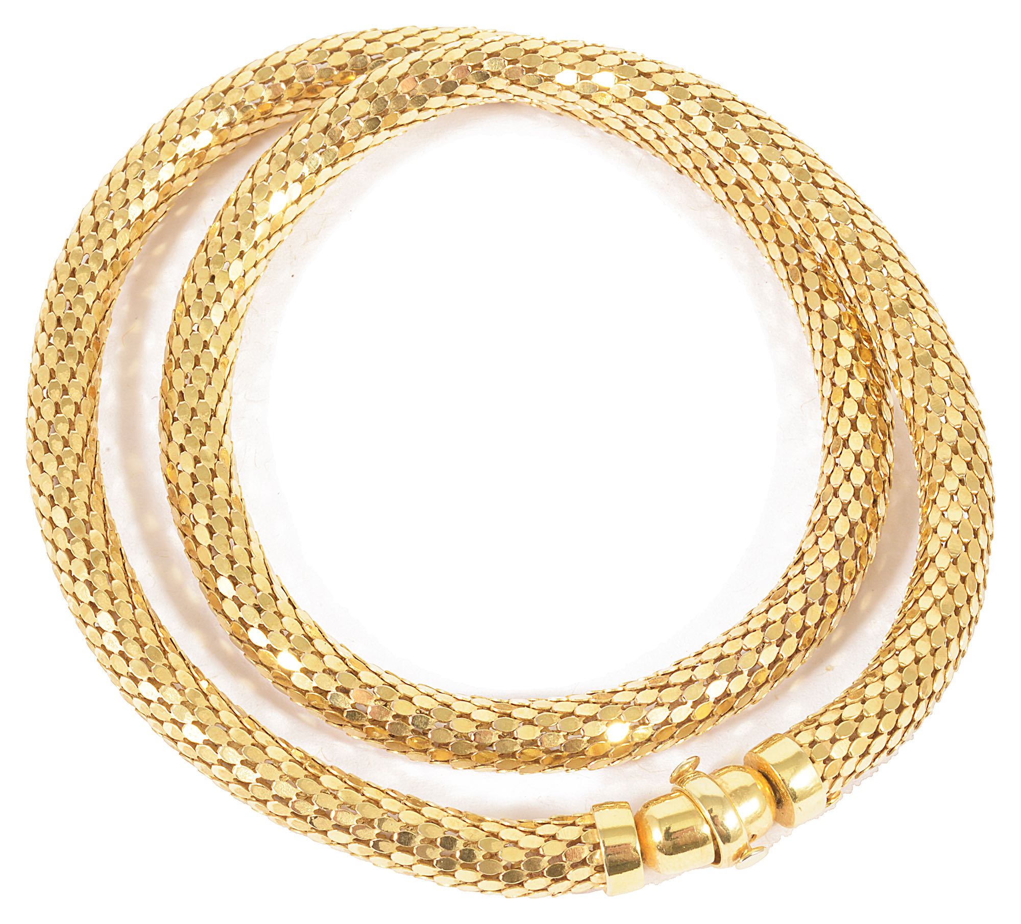 A contemporary 9ct gold mesh choker necklaceformed as a continuous woven mesh hollow tube with