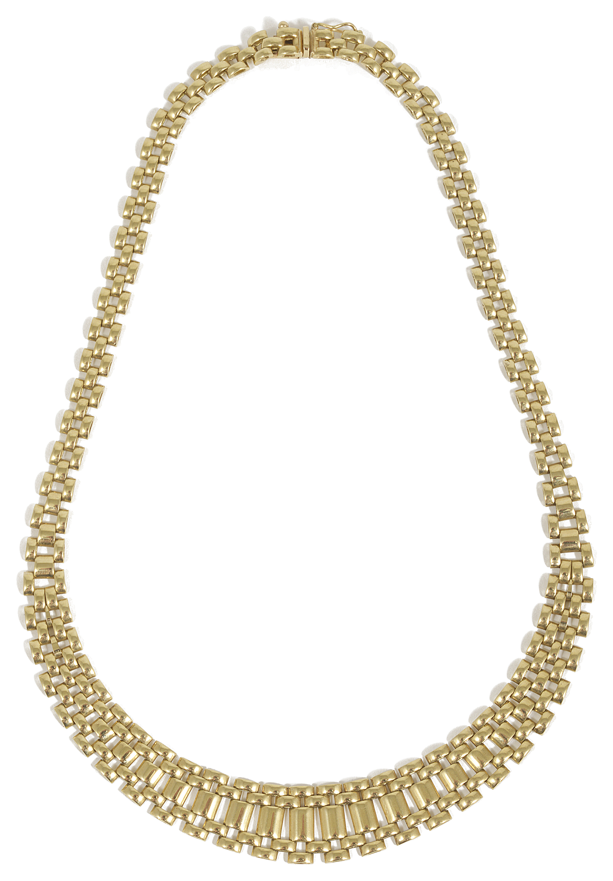 A ladies elegant graduated polished woven link 9ct gold necklacefully marked on push fastening