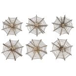 A set of six Chinese export white metal spider web menu holderseach of the wire framed holders in