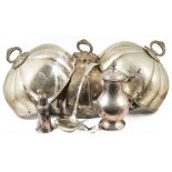 Three silver plated domed oval meat covers, a large kings pattern silver plated ladle, a silver