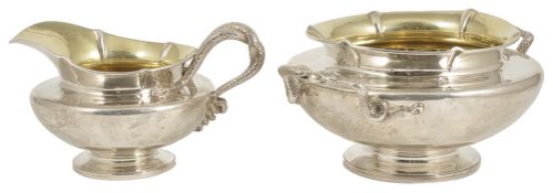 An impressive William IV silver snake handled cream jug and sugar basin by John Bridge, London