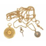A ladies 18k gold Badollet a Geneve half hunter pocket watch with 10k gold longuard the gilt dial