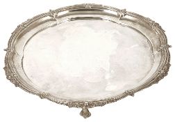 A Walker and Hall silver salver, with scalloped bead and acanthus scroll decorated stepped border