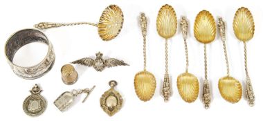 A small collection of assorted silvera silver marcasite RAF sweetheart brooch, marked 925, a set