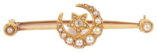 A Victorian half pearl and diamond set star and crescent broochthe star and crescent mounted on a