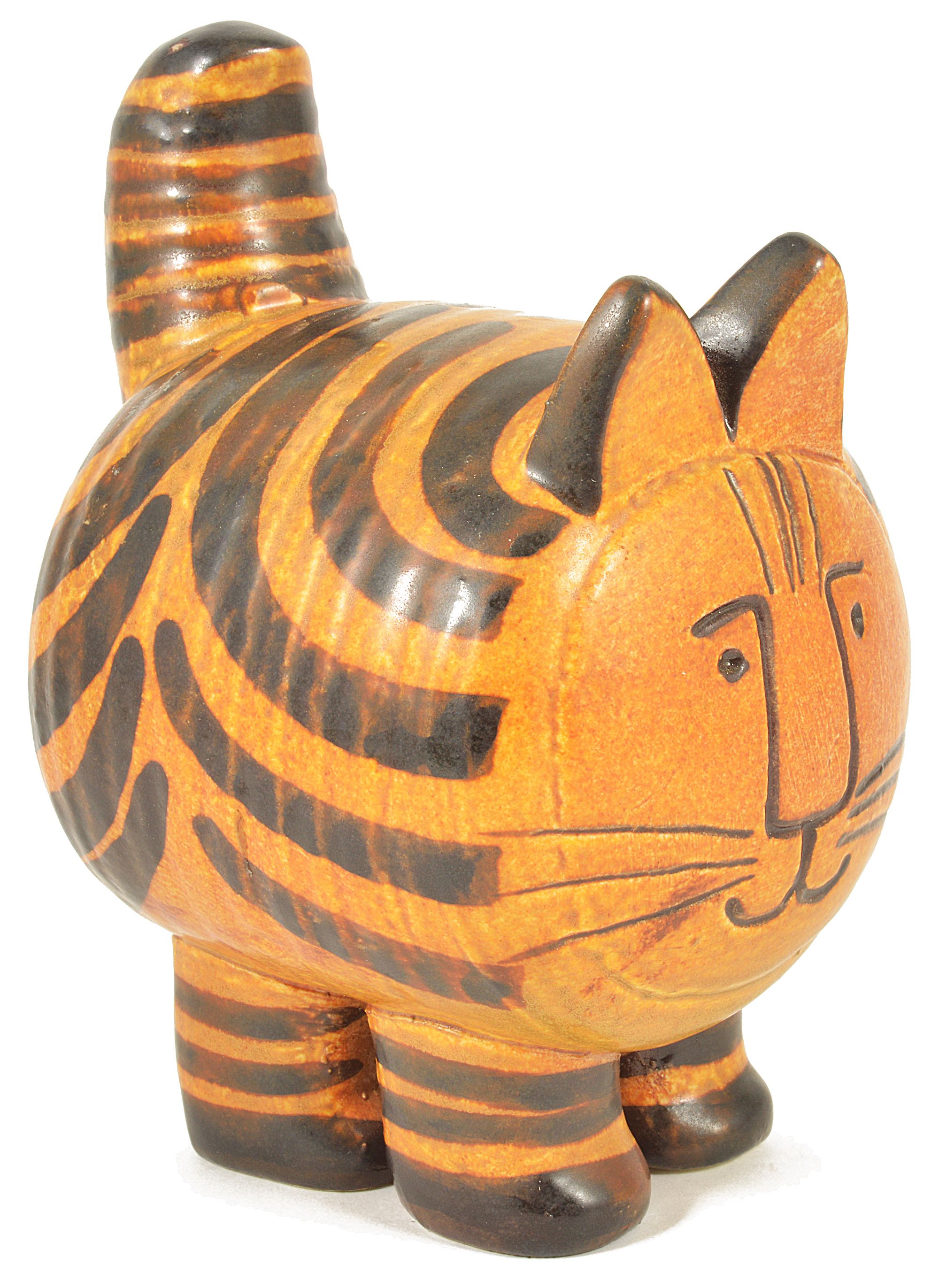 A Lisa Larson for Gustavberg pottery cat, 20th centurymodelled as a cat with a brown stripped body