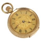 A 14k L'Excel Sior gold ladies open faced pocket watch,with black painted roman hours and dot