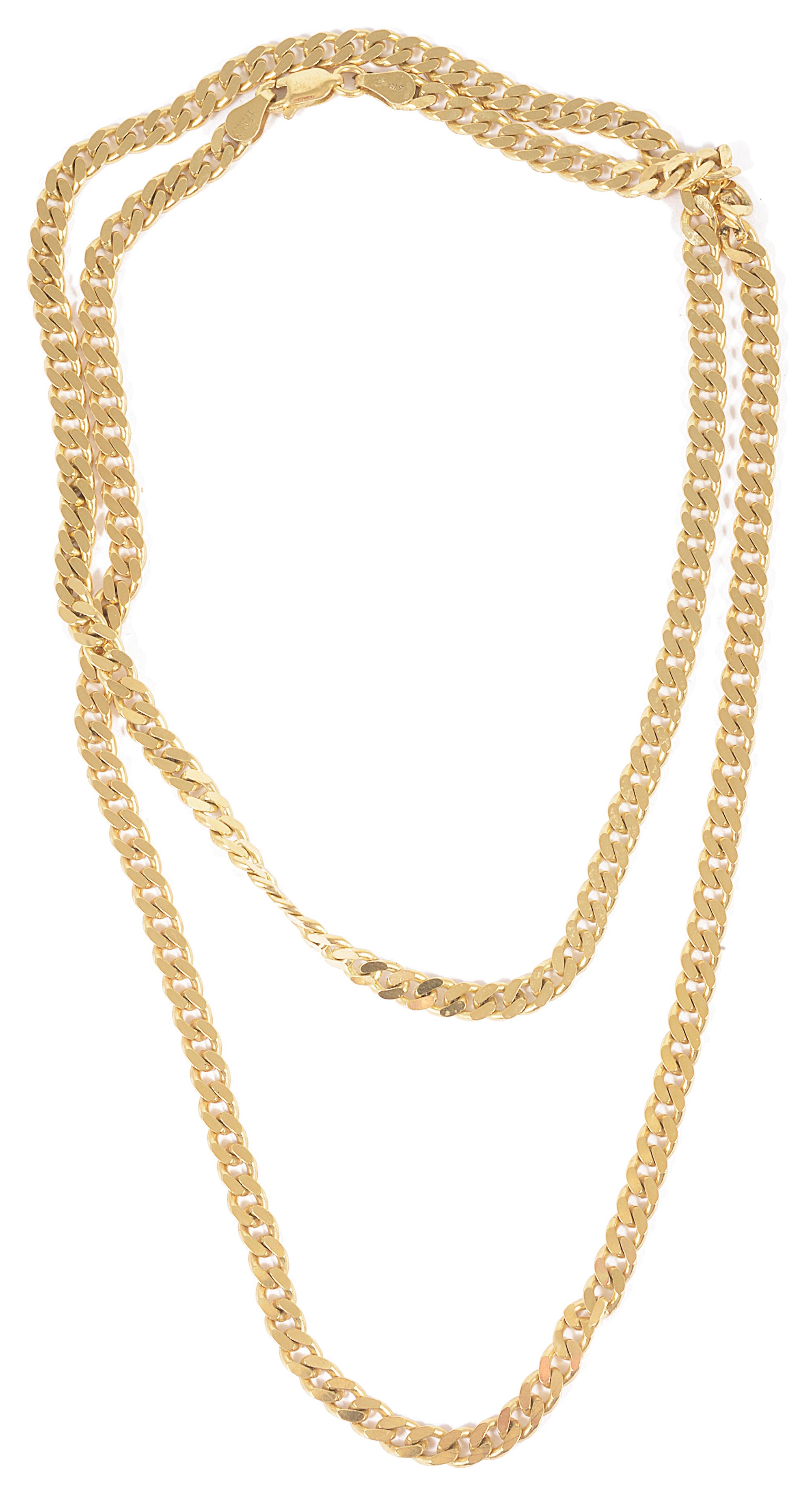 A contemporary Continental 9ct gold long flat curb link neck chainmarks to lobster clasp