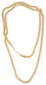 A contemporary Continental 9ct gold long flat curb link neck chainmarks to lobster clasp