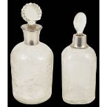 Two Edwardian glass decanters with silver collarseach with foliate engraved bodies and silver