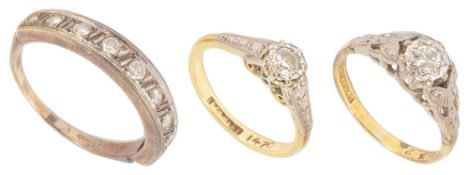 Three various diamond set ringsincluding an 18ct. and platinum mounted single stone diamond ring,