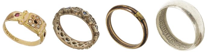 A Victorian 9ct gold and pearl mounted scroll gypsy ringtogether with three other rings, sold