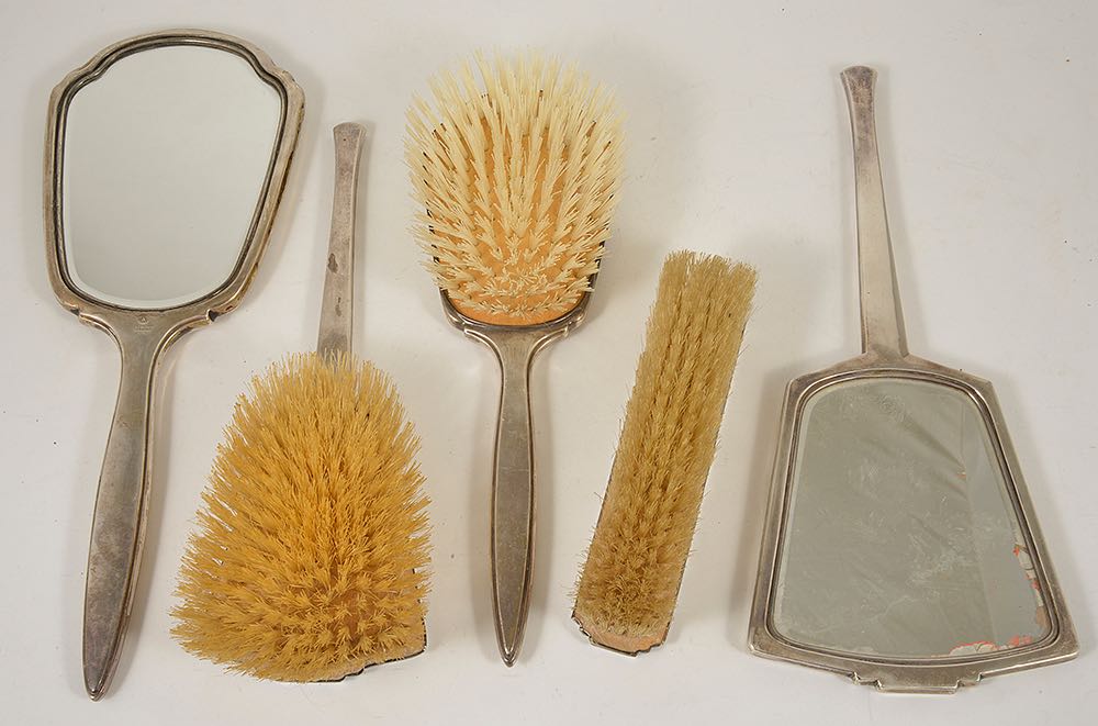 Five Art Deco silver dressing table brushes/mirrors, Birmingham 1932comprising two brushes and a - Image 2 of 2