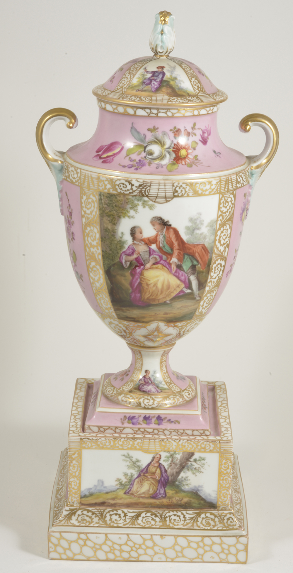 A Dresden porcelain twin handled pedestal urn with cover, late 19th centurythe baluster form with - Image 2 of 3