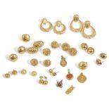 A large collection of contemporary 9ct gold pairs of earrings includinghoops and button earrings,
