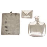 A trio of assorted silver comprising a frame, stamp holder and a miniature flask,the rectangular