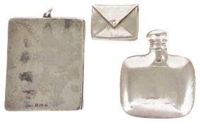 A trio of assorted silver comprising a frame, stamp holder and a miniature flask,the rectangular