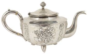 A Chinese export silver teapot by Chicheong, circa 1890of European shape and raised on three tusk