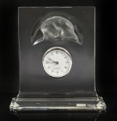 A Lalique crystal recumbent cat desk clock, 20th centuryof rectangular form with frosted recumbent