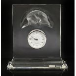 A Lalique crystal recumbent cat desk clock, 20th centuryof rectangular form with frosted recumbent