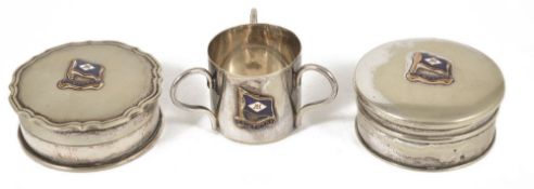 Silver plated shipping memorabilia from S.S. Mentora three handled tyg, with S.S. Mentor blue enamel