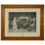 Delapoer Downing (1853 - 1926)'Dinner Party' etching of a couple dining with their host asleep,
