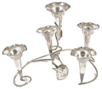 An early 20th century Chinese silver plated table epergne, the base formed of scrolls with lily pads