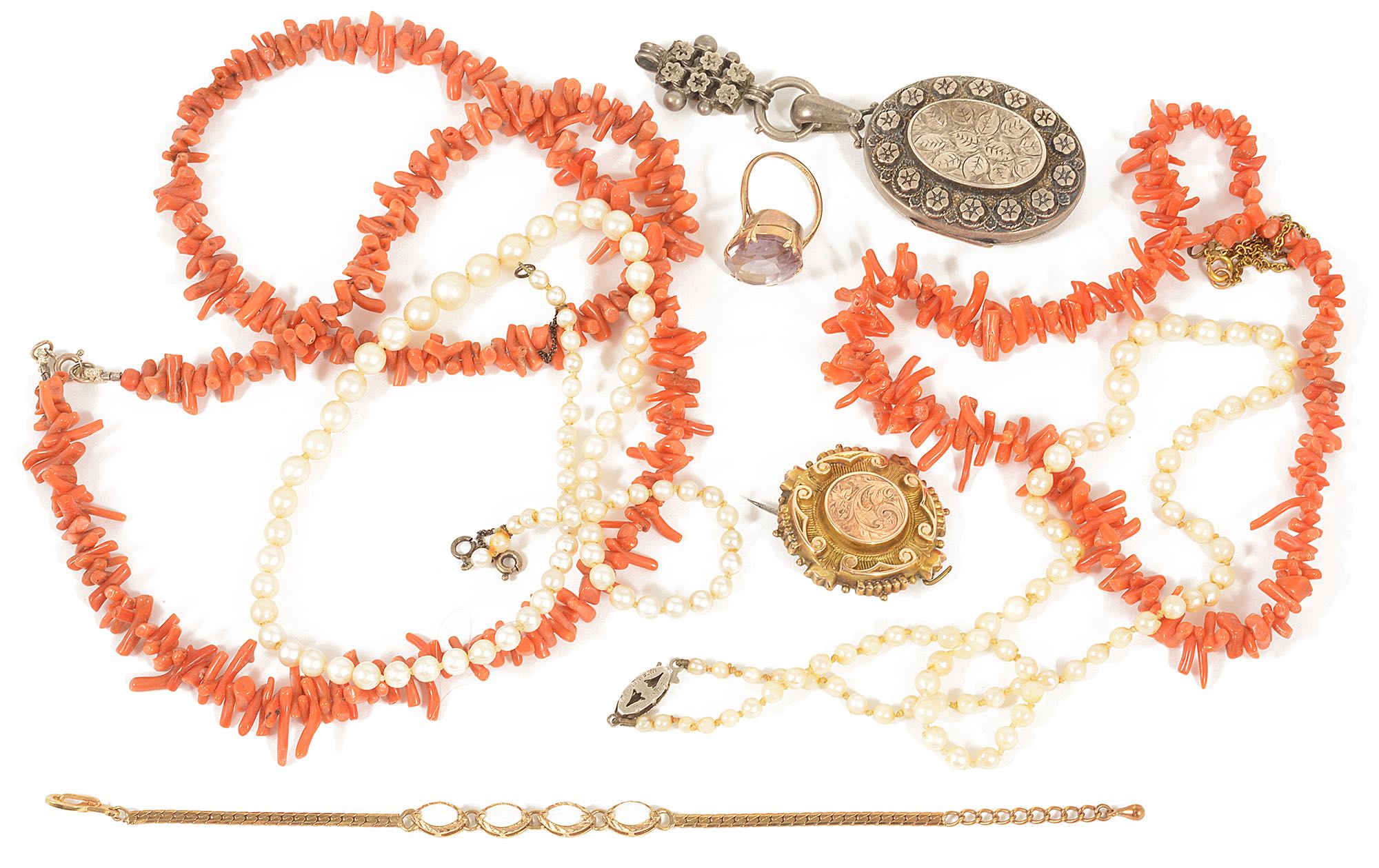 A small collection of Victorian and later coral, silver and other jewelleryincluding two natural red