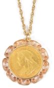 A Victorian fine gold sovereign, 1900in 9ct gold scroll pendant mount and suspended on a 9ct gold