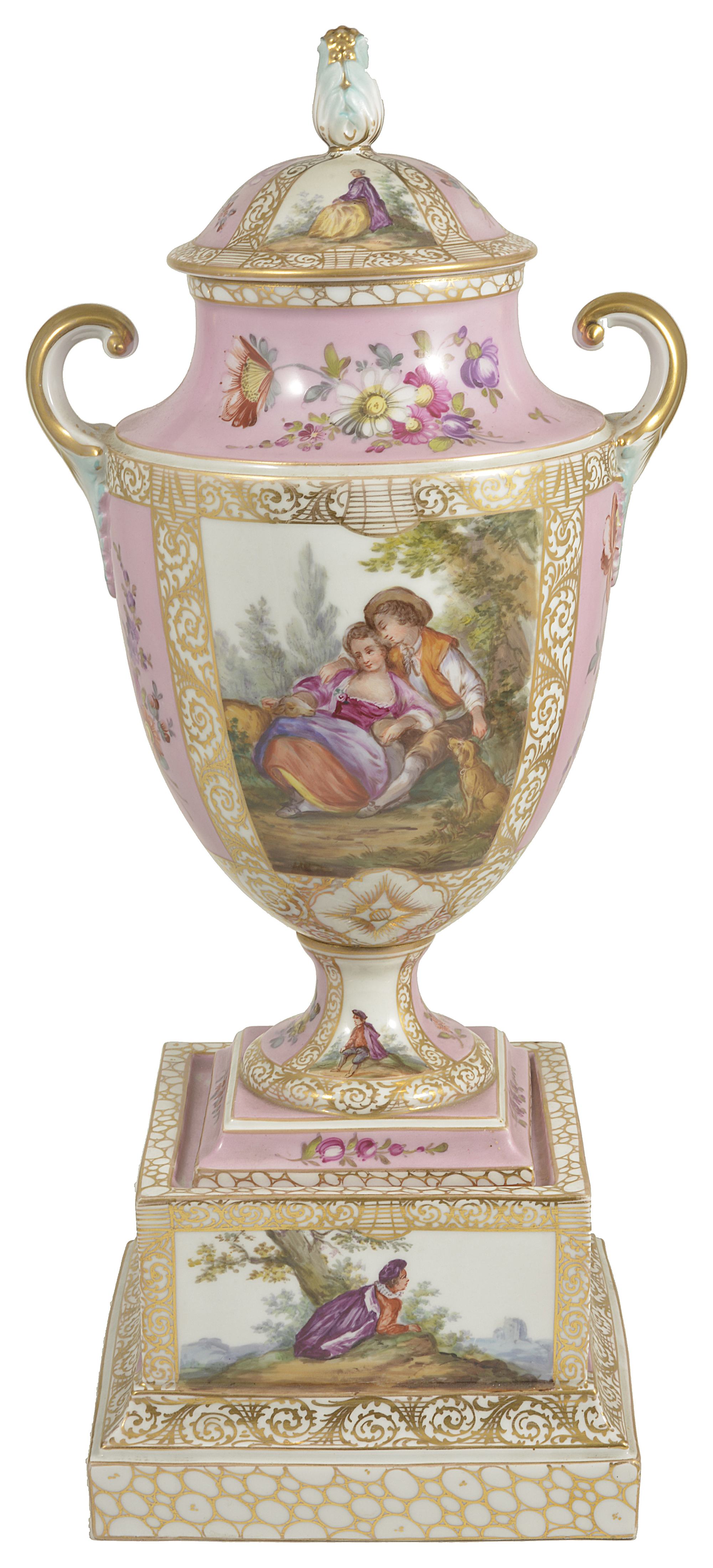 A Dresden porcelain twin handled pedestal urn with cover, late 19th centurythe baluster form with