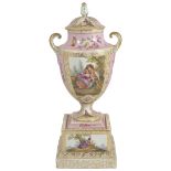 A Dresden porcelain twin handled pedestal urn with cover, late 19th centurythe baluster form with