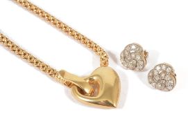 A contemporary gold heart motif necklace together with a pair of diamond earringsthe necklace of