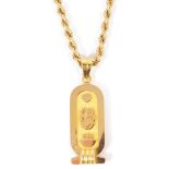 A Continental Egyptian gold hieroglyphic pendant on chainthe pendant of two colours, tests for