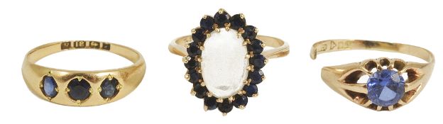 A Victorian three stone sapphire set gypsy ring, 18ct gold mount, a contemporary oval moonstone