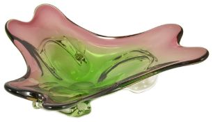 A Murano art glass tri-form dish, 20th century,with green and pinkish banded hues, no factory
