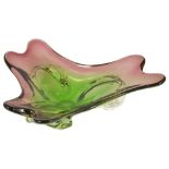 A Murano art glass tri-form dish, 20th century,with green and pinkish banded hues, no factory