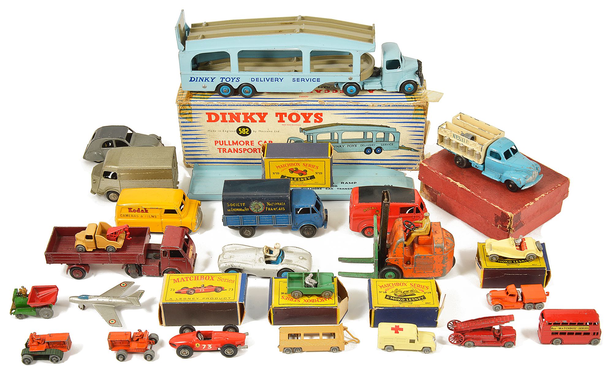 A selection of Dinky and Matchbox toys, comprising boxed Pullmore Car Transporter 582, Royal Mail