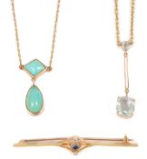 A delicate Edwardian gold mounted turquoise drop pendant necklacehaving diamond shaped turquoise