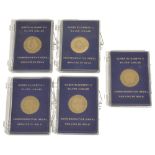 Five 9k gold Queen Elizabeth II Silver Jubilee Commemorative Medals, each individually cased, (5)